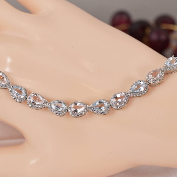 Natural Morganite and Swiss Blue Topaz Halo Pear Tennis Bracelet 925 7